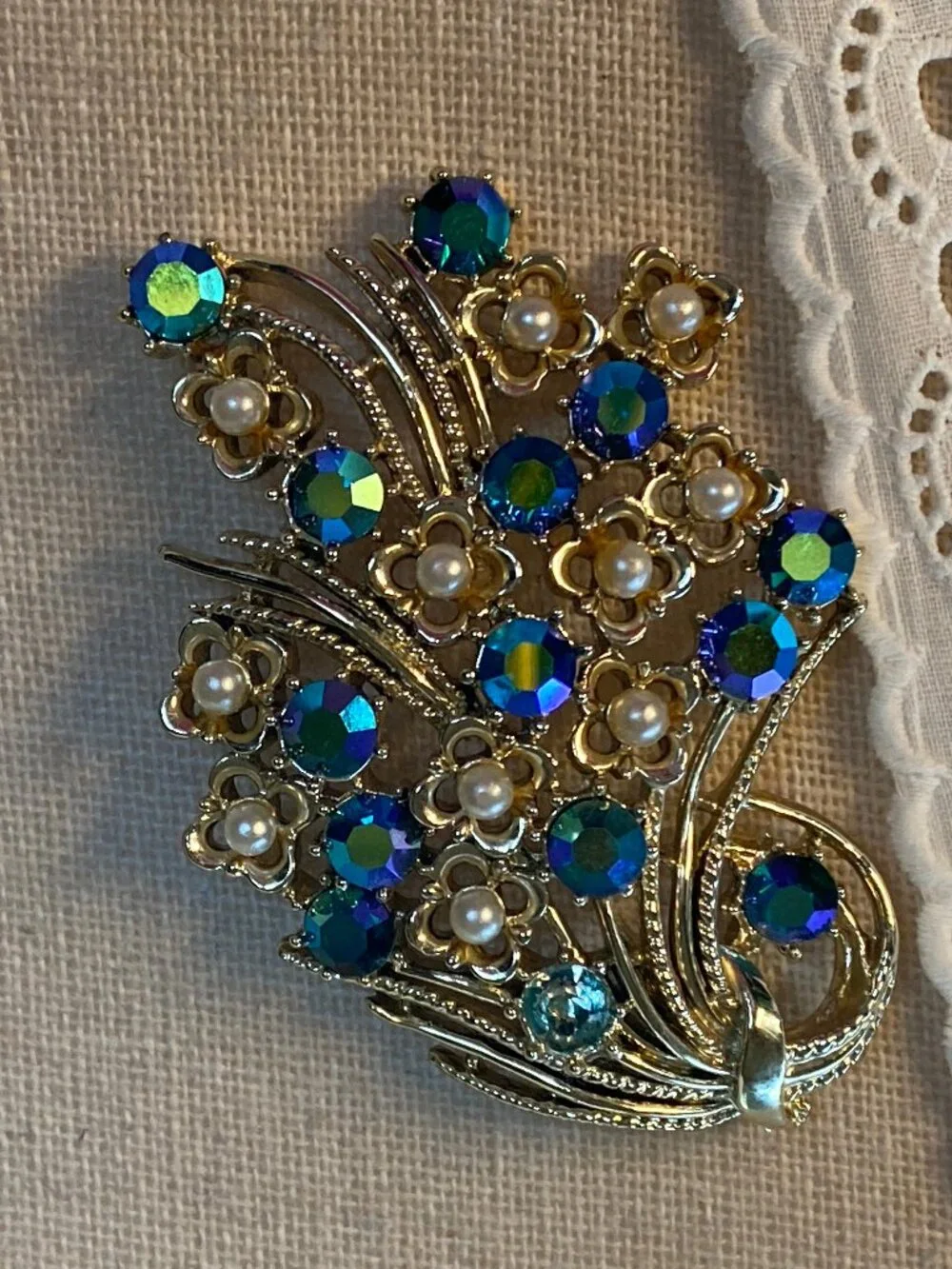 Vintage Coro Blue Aurora Borealis Rhinestone Floral Bouquet Gold-tone Brooch